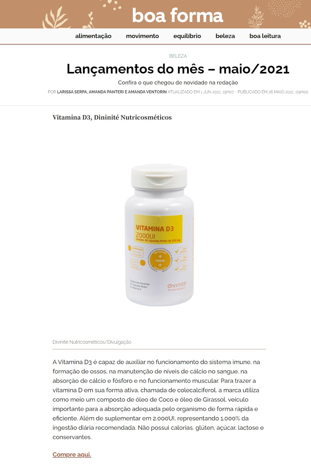 Boa Forma recomenda Vitamina D3 em lançamentos - matéria